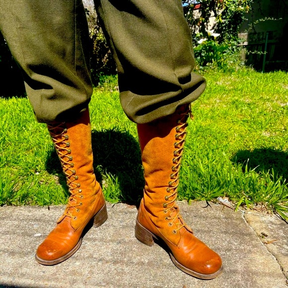Frye Vintage Lace Up Knee-High Suede Brown Leather Block Heel Equestrian Boots - Picture 6 of 16